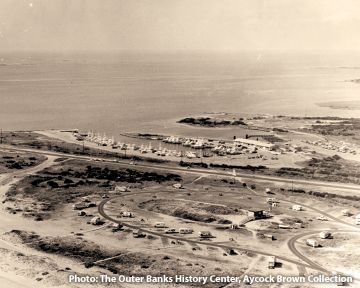 A historical photo of Outer Banks, NC taken from a high altitude.